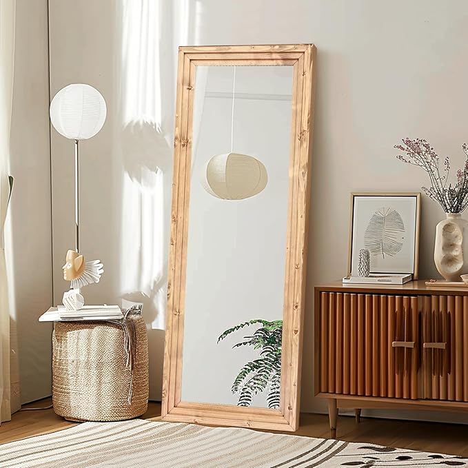 Full Length Mirror 58"x22" Solid Wood Frame Floor Large Mirror for Living Room, Bedroom Hanging or Leaning Wall-Mounted, Light Brown