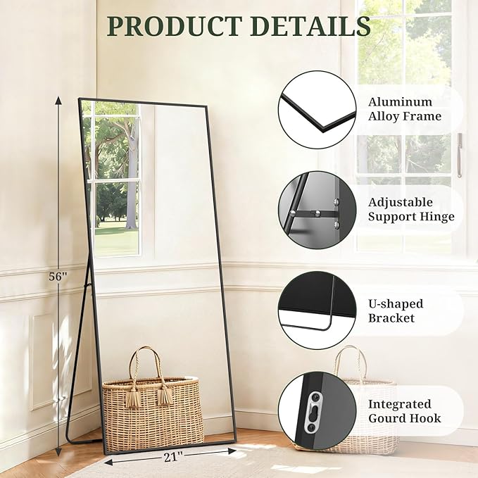 Mirror Full Length 56"x21" Full Body Floor Mirror with Stand, Shatterproof Glass, Aluminum Alloy Frame, Free Standing Wall Mounted or Leaning Rectangle Mirrors for Bedroom Living Room Entryway