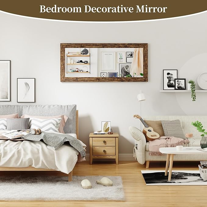 Syndra Modern Full Length Mirror Wood Frame, 56x20'' Large Floor Mirror with HD Tempered Glass & Wall Mount Option, Rectangular Standing Mirror for Bedroom, Living Room, Entryway, Farmhouse(Walnut)