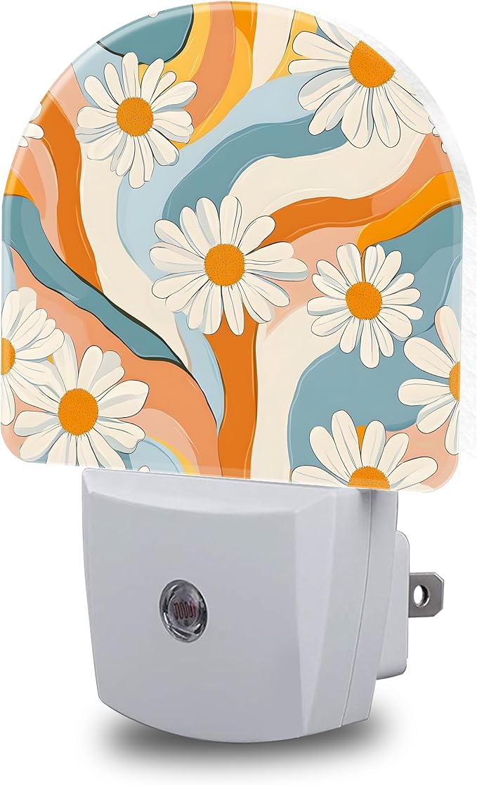 Night Light, Retro Groovy Flower Night Lights Plug into Wall Dusk to Dawn Sensor Round Nightlight for Women Men Energy Efficient Led Lamp 0.5W for Stairway Hallway Bedroom