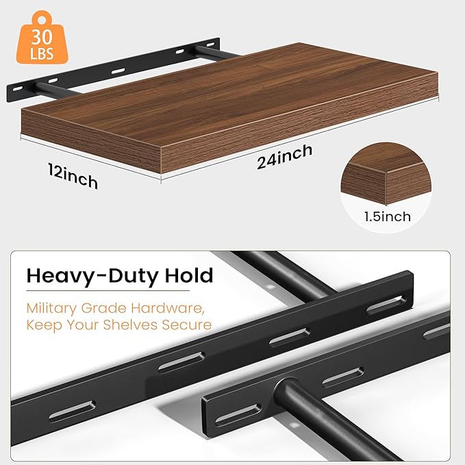 Floating Shelves for Wall, 24 Inch Floating Shelves Set of 2, Wall Mounted Rustic Wood Shelf for Bathroom, Living Room, Bedroom and Kitchen, Hanging Shelf for Storage, Books, Home Decor, Walnut