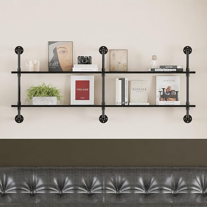 HDDFER Industrial Pipe Shelf Shelving Bookcase, Wall Mounted Rustic Bookshelf, Floating Bookshelves for Wall,Retro Wood Metal Pipe Industrial Shelves for Living Room