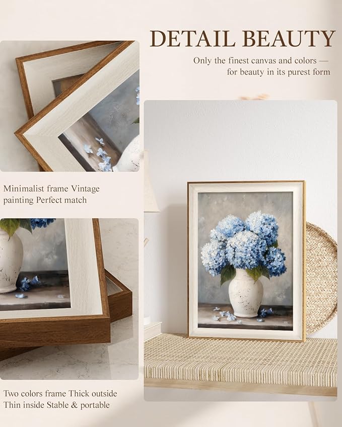 VIYYIEA Vintage Framed Wall Art for Living Room, Blue Hydrangea Canvas Prints, Oil Painting Home Decor, Flowers Picture, Bathroom Wall Decor Gifts for Friends or Family - 16L x 12W