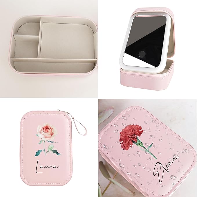 Personalized Birth Flower Travel Jewelry Box with Mirror Custom Name Travel Makeup Case with Led Mirror Small Travel Jewelry Case Organizer with Light Up Mirror for Women Mom