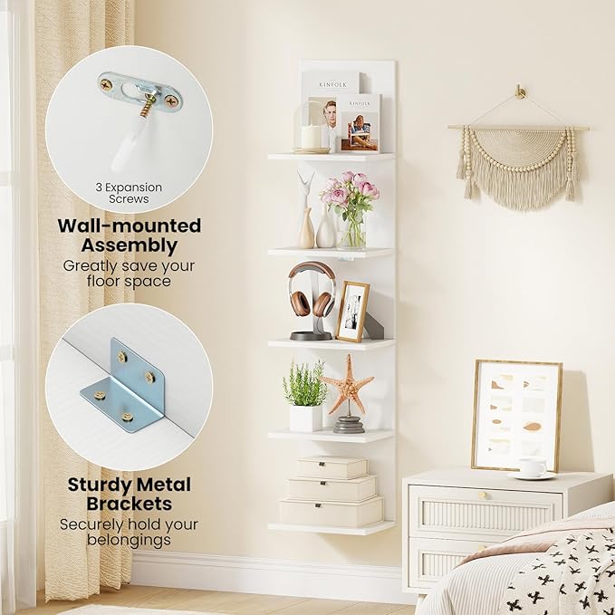 Giantex 5 Tier Wall Shelf Unit, Narrow Vertical Floating Shelves for Home Decoration and Storage Organizer, Lack Wall Shelf, Wall Mounted Display Shelves for Bedroom, Living Room, Bathroom, White