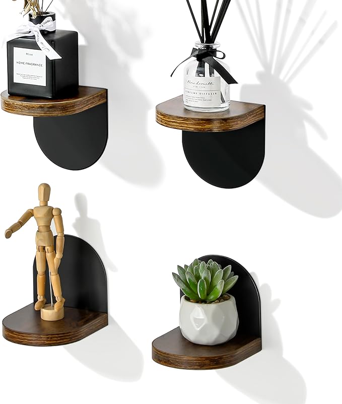 SAYAYO Small Floating Shelves for Wall Storage, 4 x 4 Inch Adhesive Wall Shelves for Bedroom Decor, Mini Display Wood Shelf Organizer with Black Base for Living Room, Office, Balcony, 4 Pcs