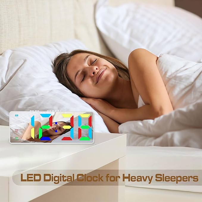 Digital Alarm Clock, Mirror Surface LED Electronic Clocks Large Display, Adjustable Brightness, Dual Power Supply, Snooze Model for Bedroom, Desk, Office (White Case + Dynamic Digit)