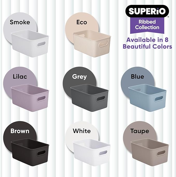 Superio Decorative Plastic Basket Open Home Storage Bins Organizer, Taupe (Set of 3) 1 Medium, 2 Small - Container Boxes for Organizing Closet Storage Bins for Shelves - Ribbed Collection