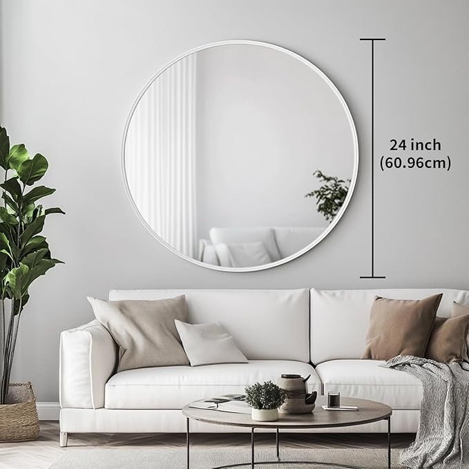 Oruii White Round Mirror, White Round Mirror 24 inch, Circle Bathroom Mirrors Metal Frame, Circle Mirrors for Wall, Bathroom, Over Sink, Living Room, Entryway, Vanity
