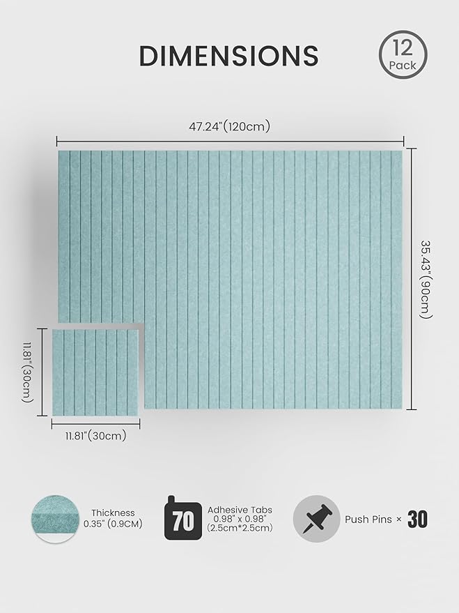 Bumusty Large Cork Board Alternative-48 x 36" Felt Bulletin Board Tiles, with 30 Pushpins, 70 Adhesive Tabs, Fine-Stripe 12-Pack, Cork Boards for Office Push Pin Board Felt Board-Aqua Blue