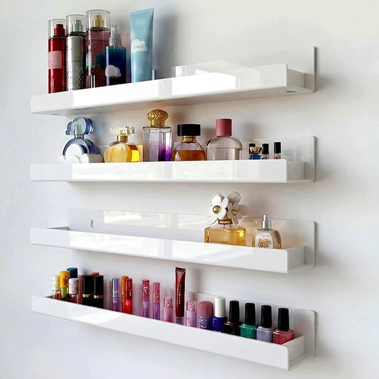 4 Pack 15 Inch Whtie Acrylic Shelves, Kids Floating Bookshelf for Kids Room, Modern Nail Polish Rack Sunglasses Essential Oil Picture Ledge Display Toy Storage Wall Shelf