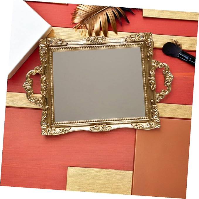 BESPORTBLE Vintage Carved Mirror Tray Nordic Style Retro Gold Resin Decorative Storage Plate for Makeup Perfume Vanity Table Organizer
