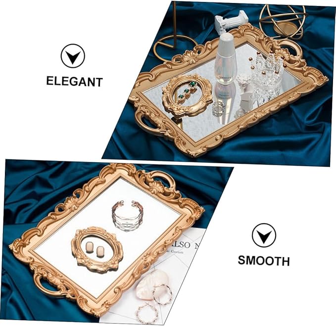 ULTECHNOVO Retro European Mirror Plate Tray, Golden Rectangular Cosmetics Storage Tray for Perfume and Jewelry, Decorative Makeup Organizer for Home Décor and Photography Props