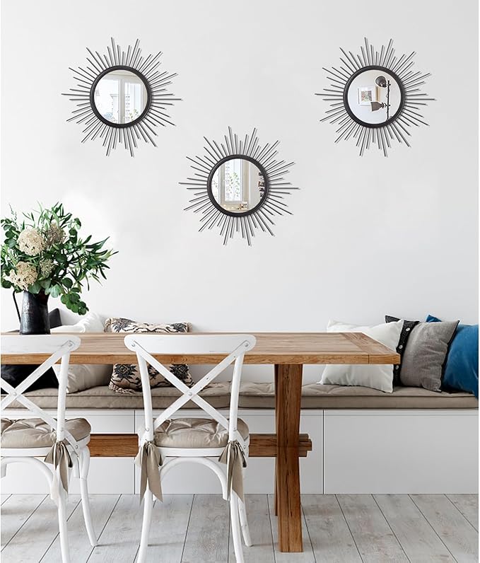 3 Pack Black Metal Wall Mirrors Sunburst Wall Mirrors Home Décor Art Decorative Modern Bohemian Hanging Wall Art for Bedroom Bathroom Living Room Entryway Small 12''