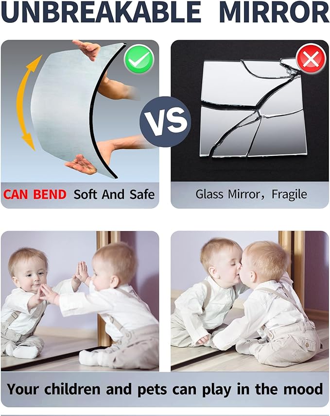 Wall Mirrors for Bedroom Door,Unbreakable Full Length Wall Mirrors Tiles,shatterproof Mirror for Kids 4 Pack 10" x10,Workout for Home Gym Body,Closet Mirror Wall Home Gym