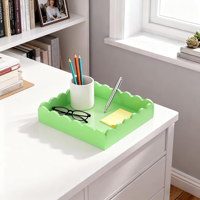 Scalloped Acrylic Tray, 8x8 Inch Glossy Green Acrylic Decorative Tray for Home Decor, Acrylic Organized Tray for Bathroom Vanity Countertop Square Display Tray for Perfume (Square Green)