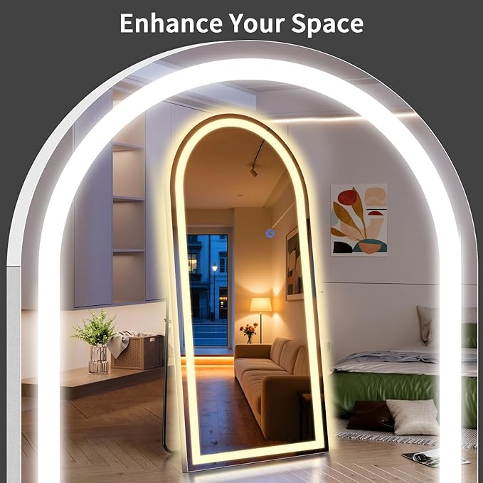 Arch Full Length Standing Mirror with LED Lights, 76"x34" Lighted Mirror with Dimming & 3 Color Lighting, Tall Mirror Full Body for Bedroom, Dressing Room