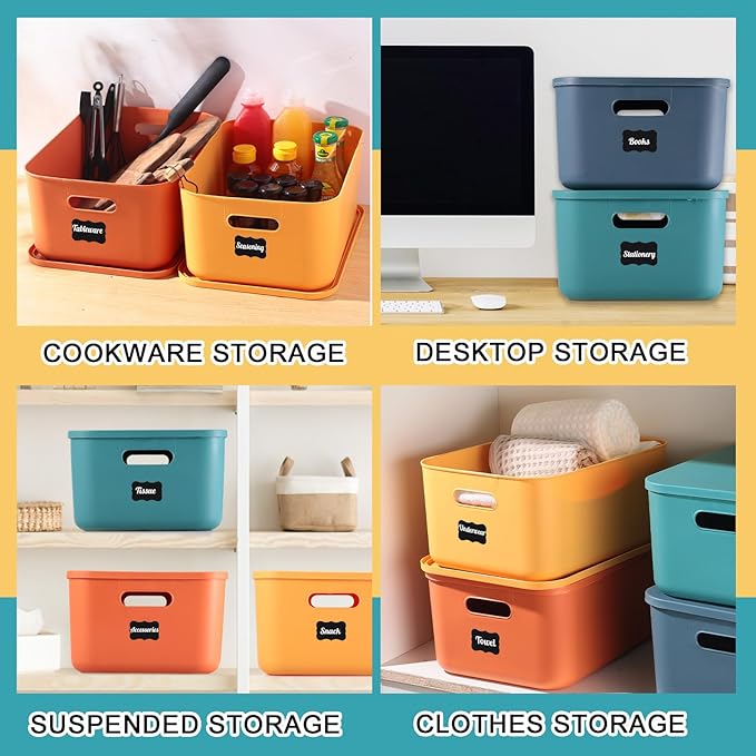 Tanlade 8 Pcs Plastic Storage Bins Stackable Baskets with Lid and Handle Colorful Desktop Storage Box Cubby Containers for Shelf Bedroom Office, Include 1 Erasable Marker, 16 Stickers (14 x 10 x 6 In)
