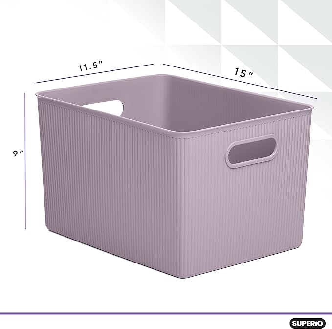 Superio Ribbed Collection - Decorative Plastic Basket Open Home Storage Bins Organizer, X-Large Lilac Purple (1 Pack) Container Boxes for Organizing Closet Storage Bins for Shelves 22 Liter/23 Quart