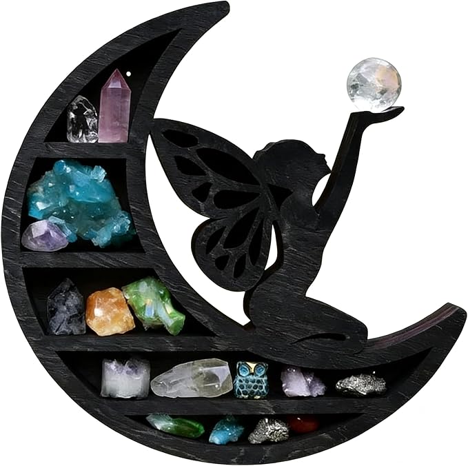 Wooden Moon Shelf for Crystals Display, Rustic Wooden Fairy Shelf for Crystals, 14In Large Wall Mounted Crystal Display Gothic Witchy Home Decor (Moon Fairy)