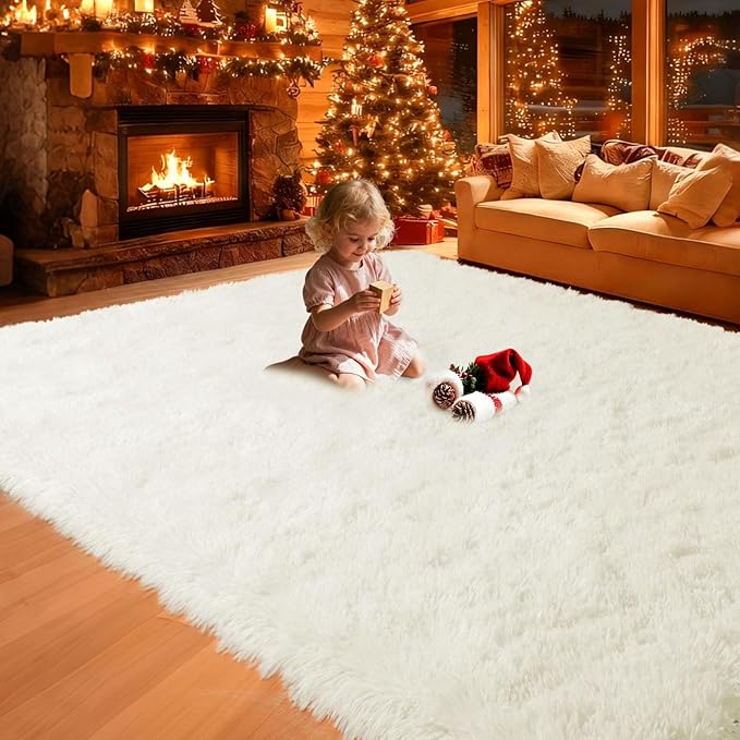 5x7 Plush Fluffy Area Rugs, Large Soft Carpet, Upgraded Non-Slip Rectangular Rug for Living Room, Bedroom, Kids Room, Dorm, Modern Home Decor Aesthetic,Cream White.