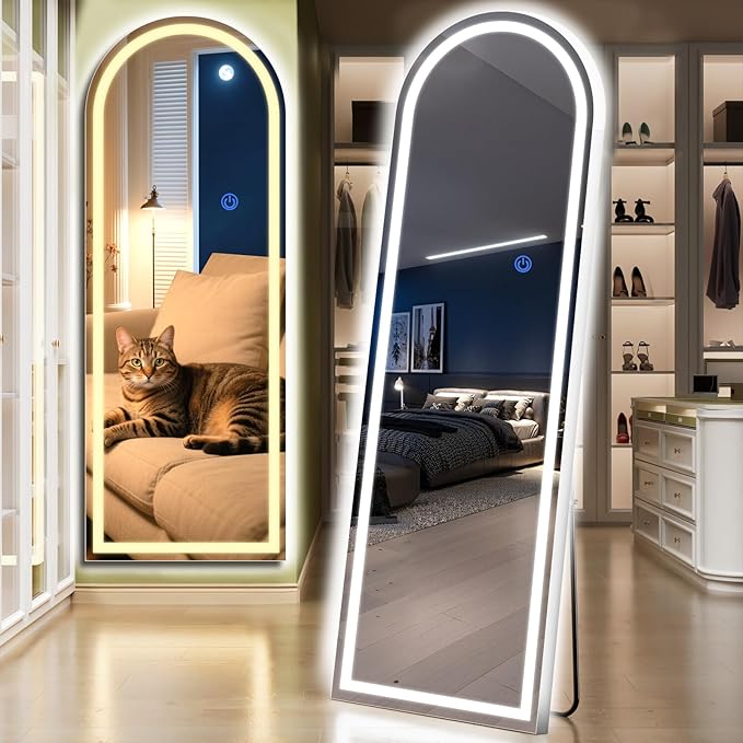 Arch Full Length Standing Mirror with LED Lights, 65"x26" Lighted Mirror with Dimming & 3 Color Lighting, Tall Mirror Full Body for Bedroom, Dressing Room