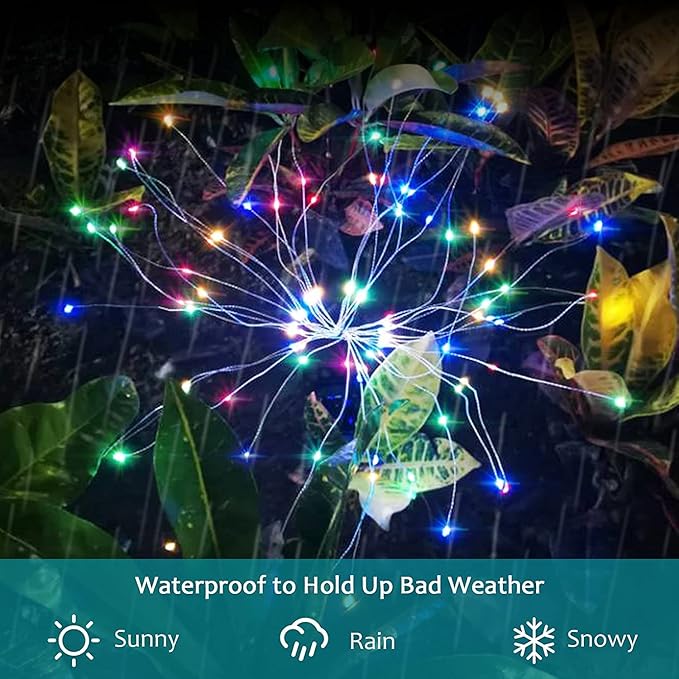 JJGoo Solar Firework Lights, 2 Pack 180 LEDs 2 Lighting Modes Solar Lights Outdoor Waterproof for Garden Patio Walkway Pathway Party Wedding Christmas Decorative - Colorful