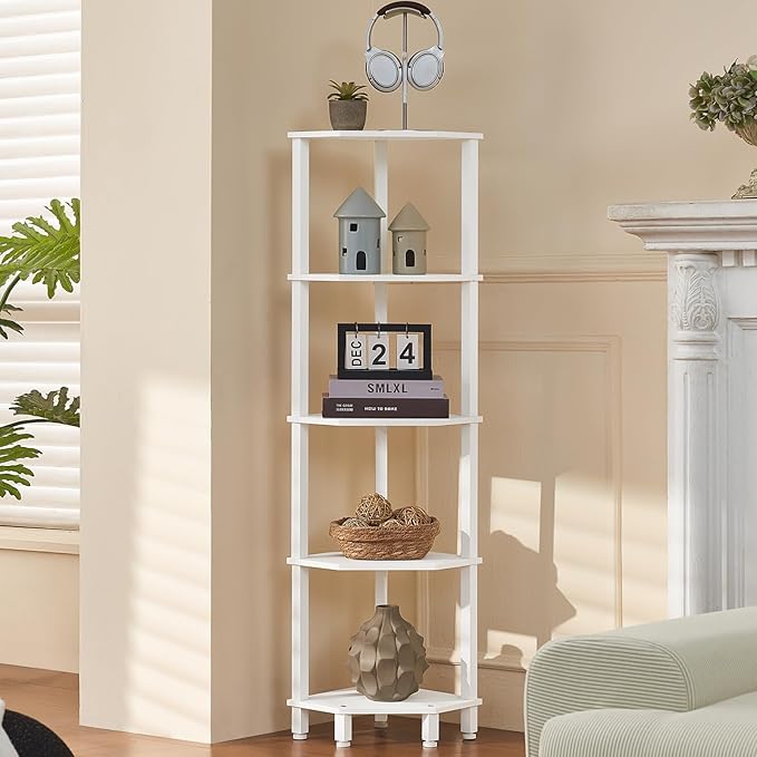YUFAM 5-Tier Corner Shelf with Sturdy 5-Leg Base, 52in Tall Narrow Bookcase for Small Spaces, Wooden Plant Display Shelf, Thin Bookshelf for Living Room, Bedroom, Office, White