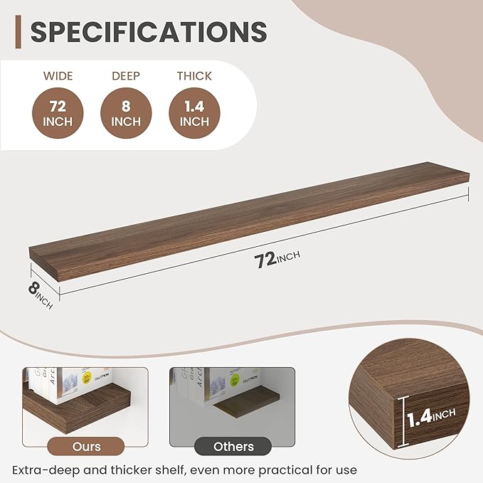 Acovy 72 Inch Floating Shelves, 8 Inch Deep Floating Shelves for Wall, Hanging Shelf with Invisible Brackets, Deep Shelves for Bathroom, Bedroom, Living Room, Walnut, Set of 2