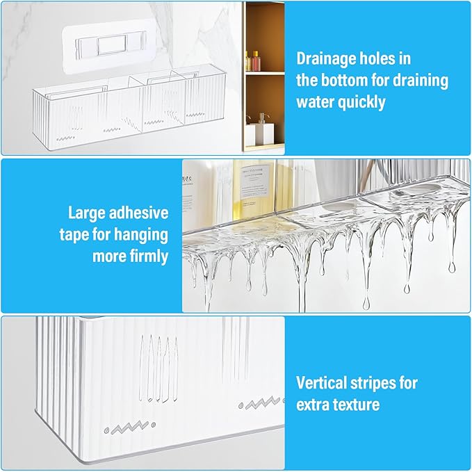 3 Pack Bathroom Makeup Organizer Wall Mount Clear Bathroom Organizers and Storage with 3 Compartments Plastic Storage Organizer Bins Floating Shelves for Wall, Narrow Space, Office, Bedroom 13.78''Len