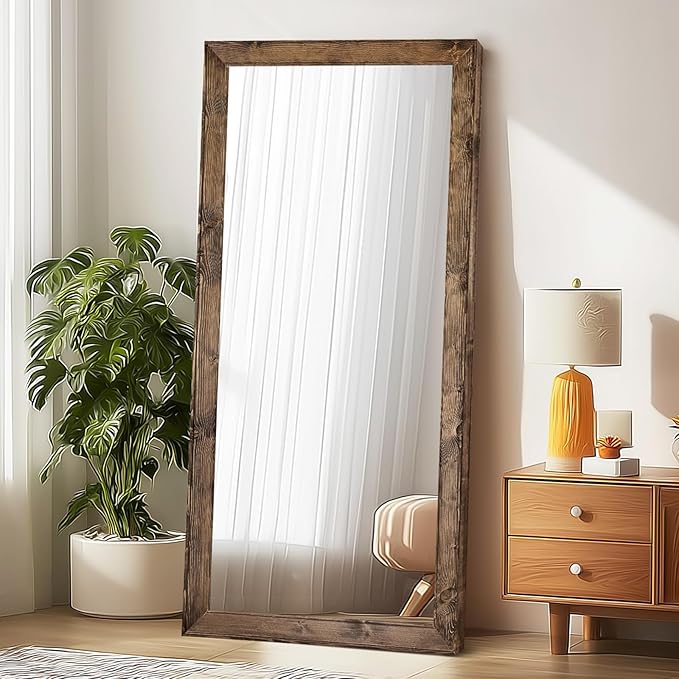 Oversized Brown Full Length Mirror 71"x32" - Solid Wood Beveled Frame Wall Leaning or Hanging Mirror - Rustic Farmhouse Style for Bedroom, Entryway, Living Room