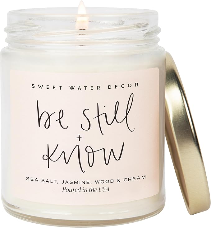 Sweet Water Decor, Be Still and Know, Sea Salt, Jasmine, Cream, and Wood Scented Soy Wax Candle for Home - Christian Candle Gifts for Women - 9oz Clear Jar, 40 Hour Burn Time, Made in the USA