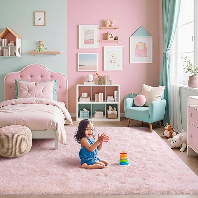 FinRèc Pink Rugs for Bedroom Living Room, 4x6 Feet Fluffy Shag Area Rug, Non-Slip Fuzzy Furry Rug for Kids Room Girl Dorm Room Home Decor, Indoor Shaggy Floor Carpet