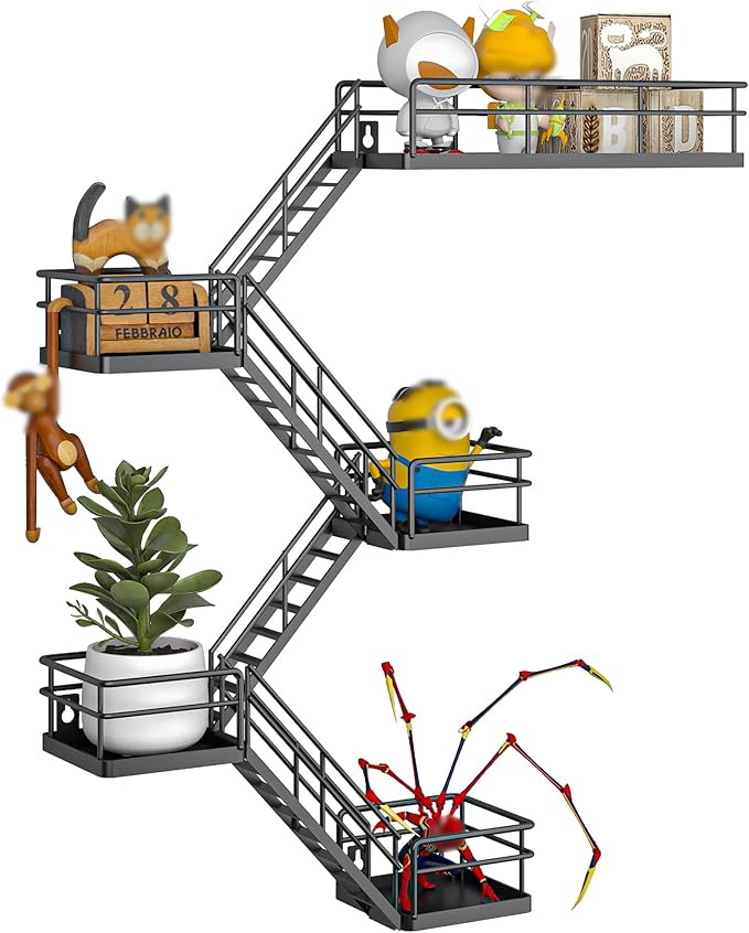 Fire Escape Shelf - 5 Tier Metal Black Fire Escape Wall Shelves with Baskets, New York Action Figurine Display Shelf, Unique Rustic Floating Decorative Wall Shelves for Any Room