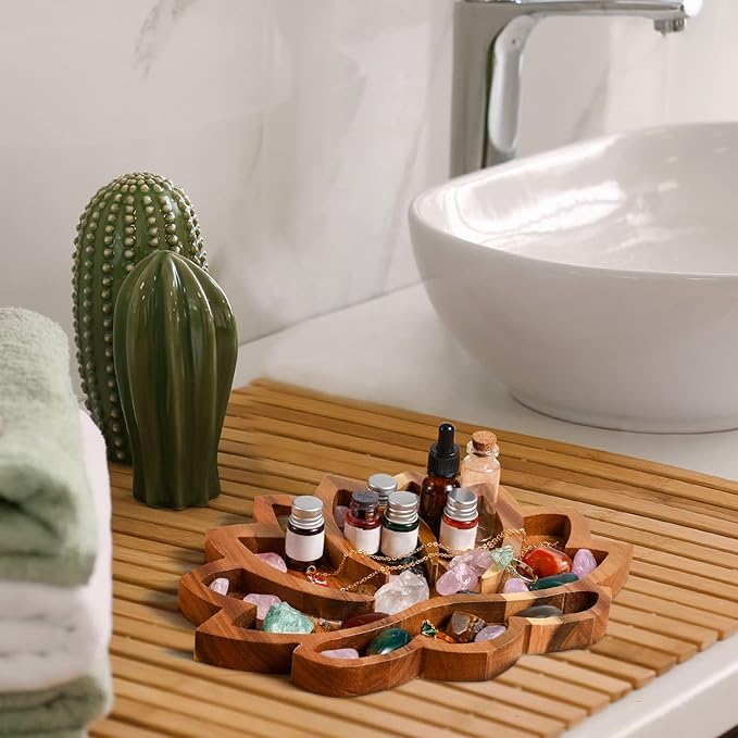 Vesici Lotus Crystal Tray for Stones Crystals and Healing Stones Flower Wooden Crystal Storage Holder Tray Lotus Shape Decorative Jewelry Display Trays Organizer Bowl Decor(Classic)