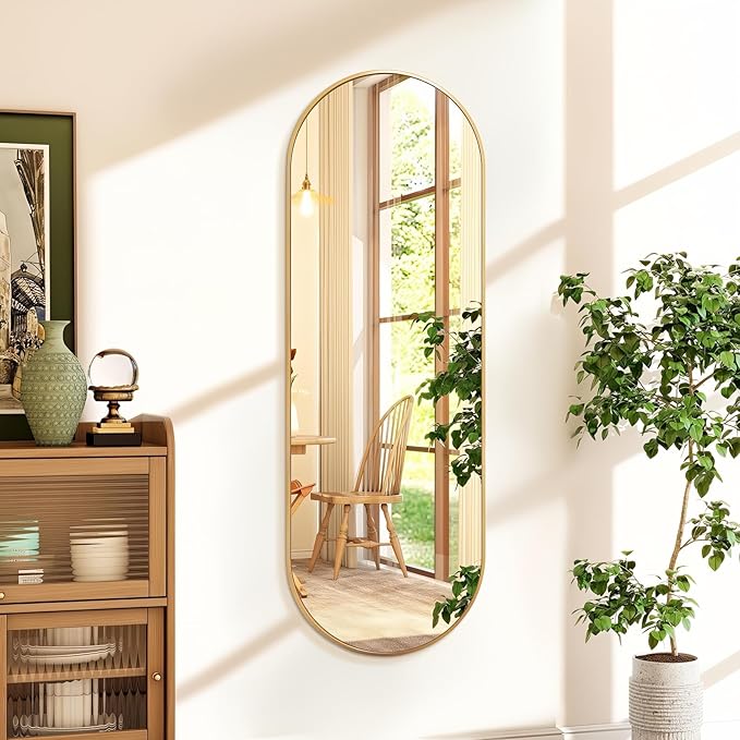 Niccy 48"×16" Oval Full Length Mirror, Long Oval Mirror with Unique Metal Frame Large Explosion-Proof Hanging Mirror for Living Room, Decorative Vanity Mirror for Bathroom, Bedroom, Gold