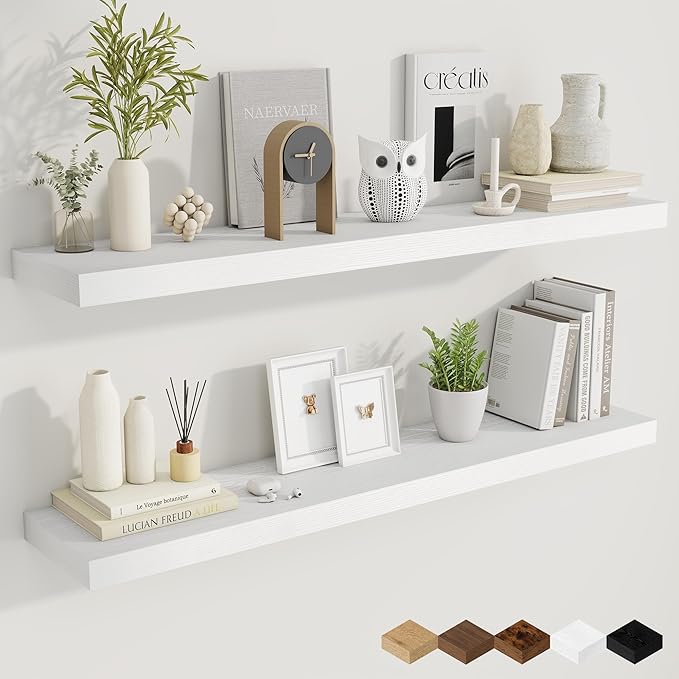 Fun Memories 48 Inch White Floating Shelves, 9.3 Inch Deep Wall Shelves for Living Room|Bedroom|Kitchen, Rusitc Wall Mounted Bathroom Shelves 2 Pack, Heavy-Duty Deep Shelf for Books，Decor