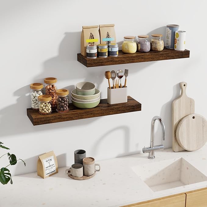Fun Memories 30Inch Floating Shelves for Wall, 2 Pack Rustic Wood Shelves for Bathroom|Kitchen Wall Mounted Floating Shelf with Invisible Brackets for Books|Storage|Decor, Brown