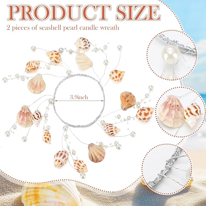 Daifunli 2 Pcs Summer Sea Shell and Pearl Candle Ring Artificial Sea Shell and Pearl Wreaths for Pillar 3.9 Inch Candles Holder for Summer Country Wedding Kitchen Rustic Table Centerpiece Decor