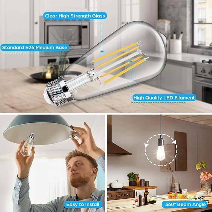 12-Pack Vintage E26 LED Edison Bulbs 100W Equivalent 1400LM High Brightness 8W ST58 LED Filament Light Bulbs 4000K Daylight White Medium Base CRI90+ Antique Clear Glass for Home Office, Non-dimmable