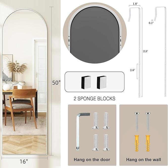 Door Mirror, Arched Full Length Mirror Over The Door, 16"x 50" Hanging Mirrors, Wall Mirrors,White