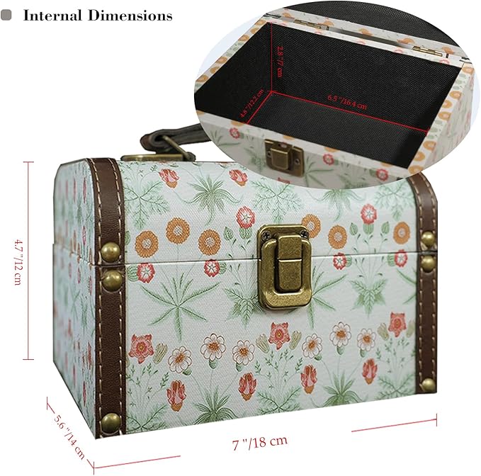 Vintage Decorative Storage Box with Handle, Retro Floral William Morris Keepsake Organizer Chest for Jewelry, Trinkets, Gift Packaging and Home Decor, 7 x 5.6 x 4.7 Inch