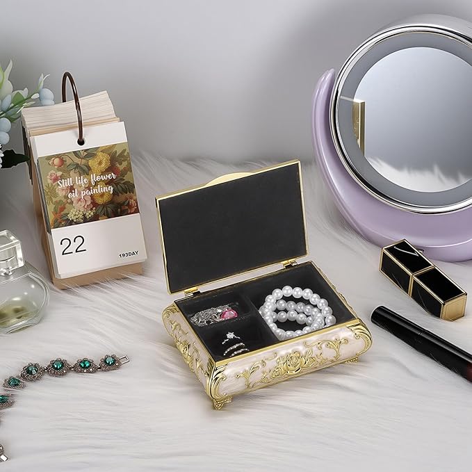Hipiwe Metal Jewelry Organizer Box Antique Decorative Treasure Chest Keepsake Storage Case for Rings Earrings Holder Gift for Women, Medium