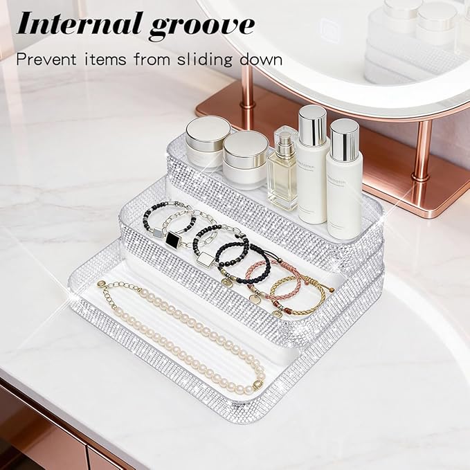 Bling Perfume Organizer Three-Tiered Shelf, Sparkle Perfume Lotion Skincare Stand, Shiny Spice Vitamins Bottles Holder, Glitter Sturdy Rack for Bathroom Countertop Cabinet Storage