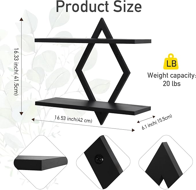 Floating Shelves for Wall,Decorative Wall Shelf,2 Tier Hanging Shelf for Plants Storage Display Holder,Indoor Decor for Living Room Home Office Bathroom Bedroom,Solid Wood,Diamond Shaped,2 Pack,Black