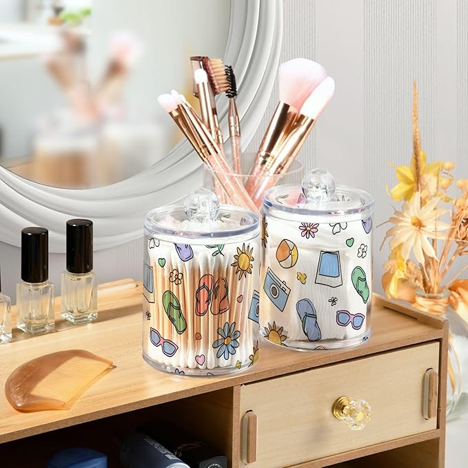 2 Pack Apothecary Jars Charming Summer Beach Art Bathroom Vanity Storage Organizer Set,Small Clear Plastic Storage Jars Bathroom Canister for Cotton Swabs, Rounds, Balls, Qtips,Makeup Sponges,