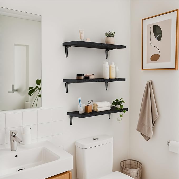 SKYSEN Floating Shelves for Wall Set of 6, 15.7in Wood Wall Shelf for Decor, Bathroom, Bedroom, Storage, Book,Kitchen, Living Room - Black(fs-40-b)