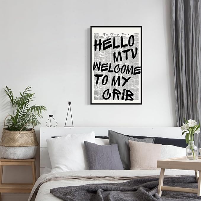 Hello MTV Welcome To My Crib Quote Poster, Vintage Black White Newspaper Canvas Wall Art, Trendy Typography Print Picture, Charming Positive Dorm Bedroom Wall Decor 8x12in Framed
