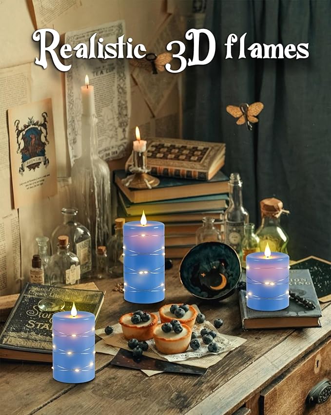 Upinmz Flickering Flameless Candles with Embedded String Lights, Battery Operated Candles with Remote Control and Timer,LED Candles for Home Decoration,Real Wax, 3 Pack Blue