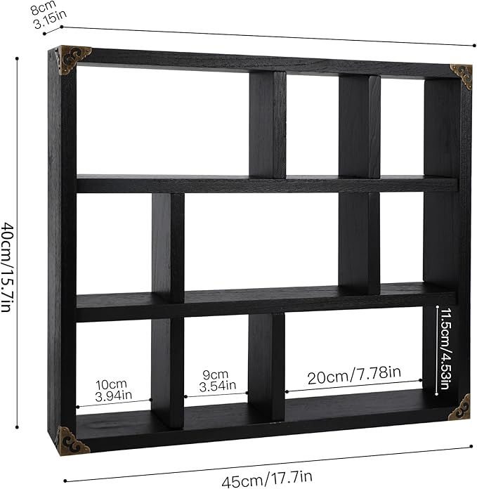 17.7x15.7-Inch Shadow Box Shelf 9-Slot Rustic Floating Shelves Larger Wall Mounted Lightweight Solid Wood Display Freestanding Farmhouse Shelf (9C-Classic Black)